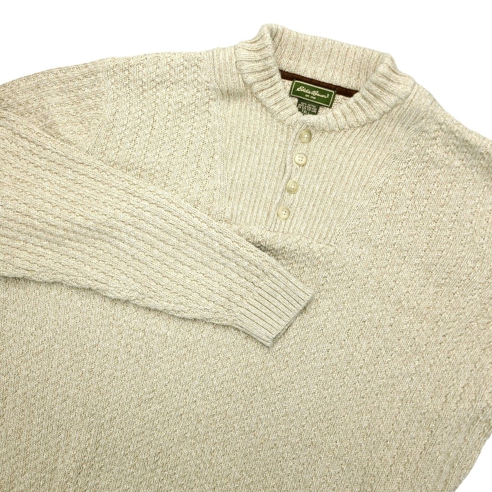 Eddie Bauer Sweater Mens 2XLT Beige 100% Cotton Mock Neck Henley Knit Pullover